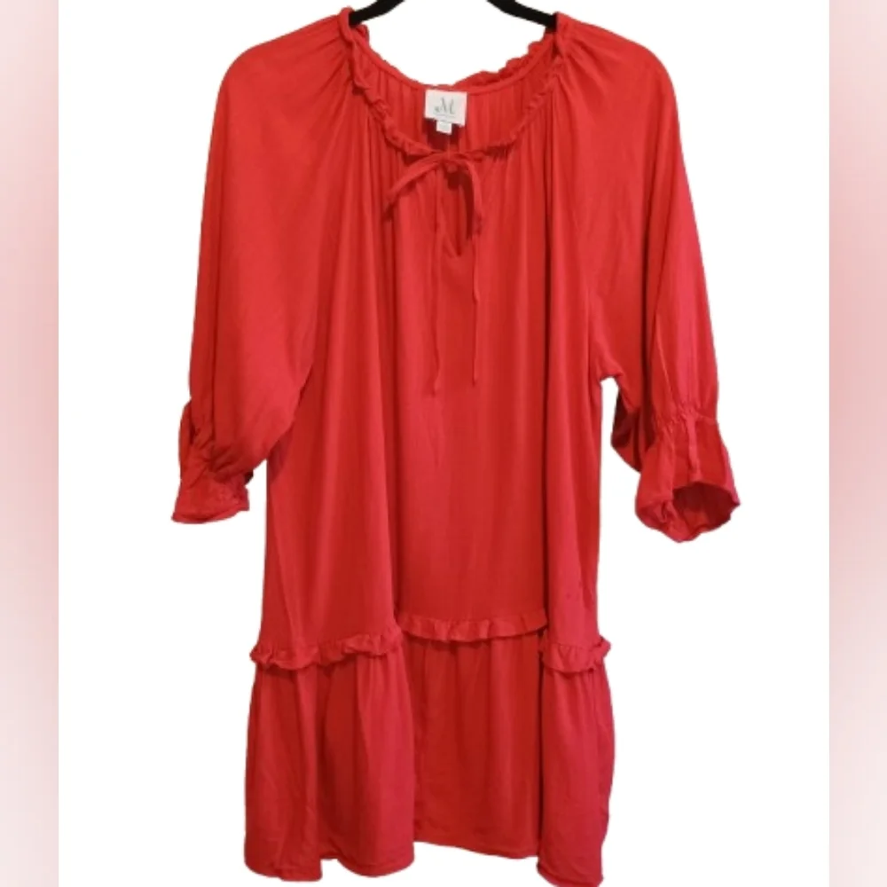 M Shopthemint Women’s Size M Red Linen Cotton Ruffle Peasant Tunic Dress Boho - Picture 3 of 13